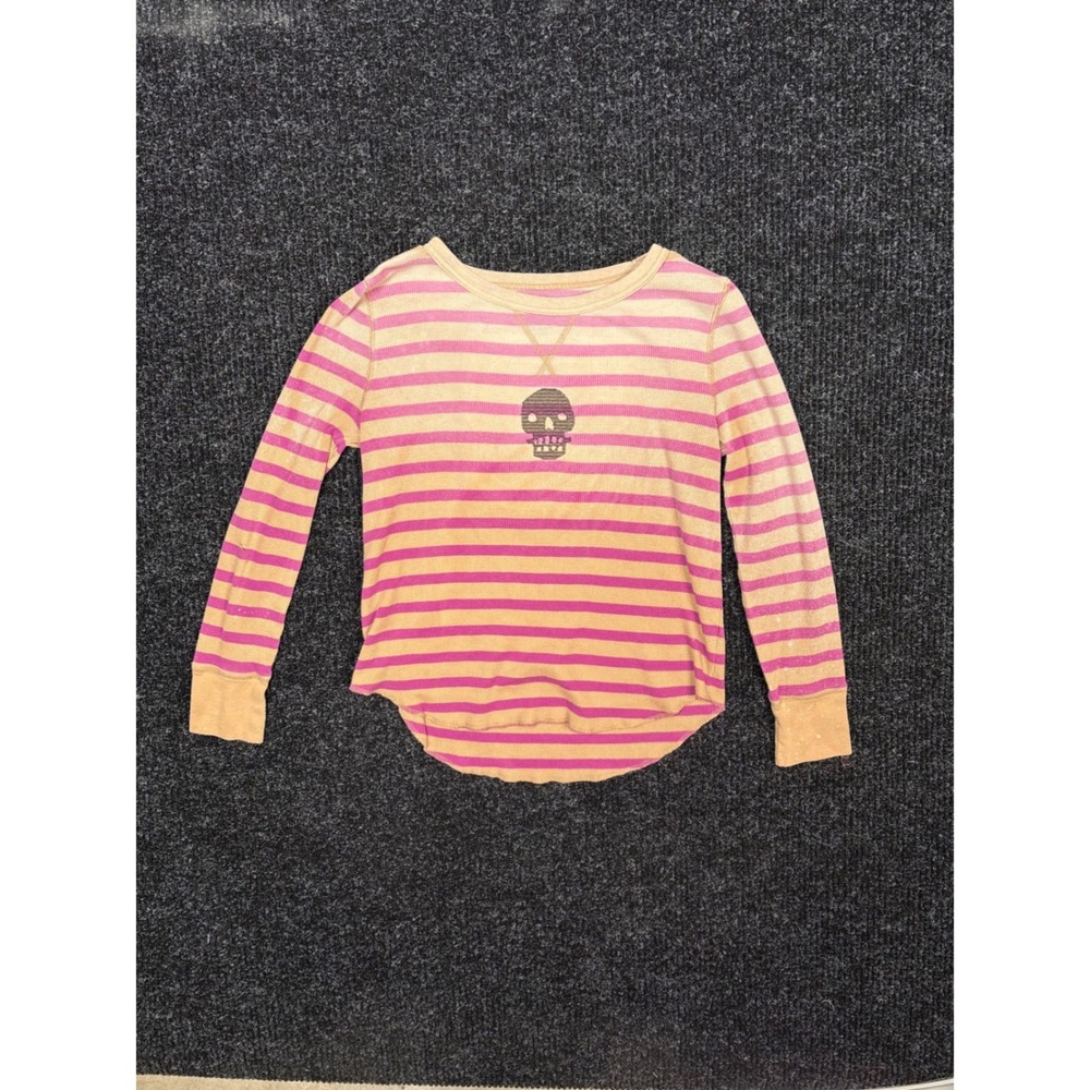 Gap Women L Pink Tan Striped Skull Graphic Waffle Knit Thermal Long Sleeve Shirt